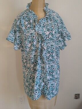 Adrienne Vittadini White and Blue Floral Ruffle Button-Down Shirt Size XL